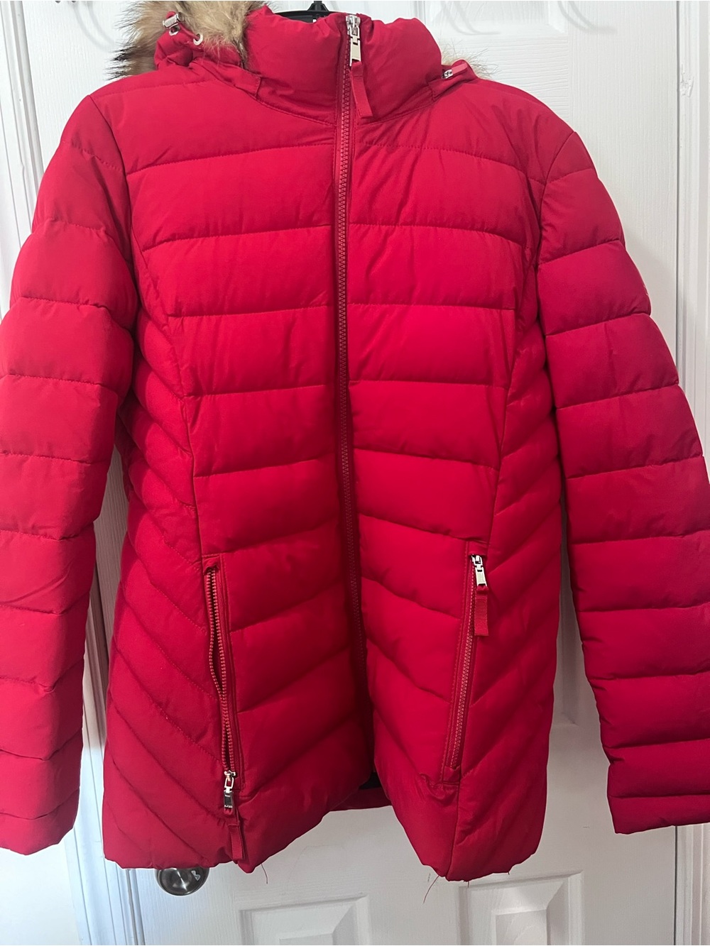 Tommy Hilfiger Red Quilted Puffer Coat with Hood